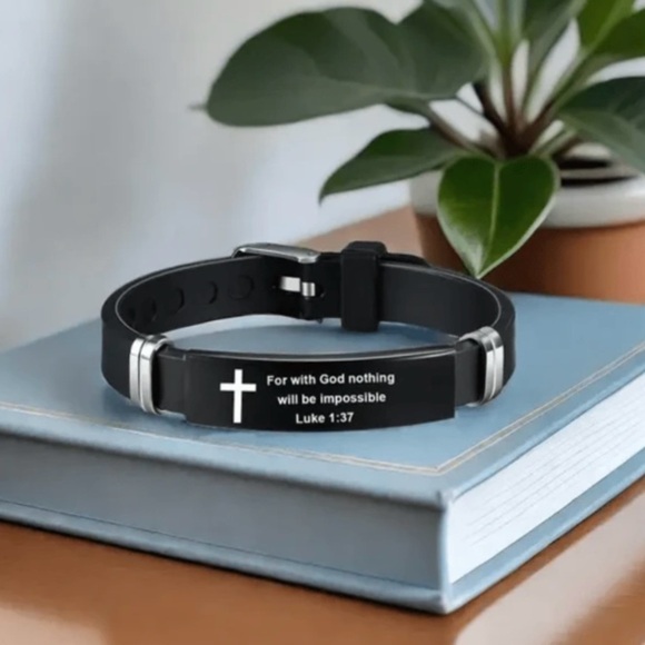 Black Christian Bracelet with Verse and Cross, Nothing is Impossible - Picture 1 of 6